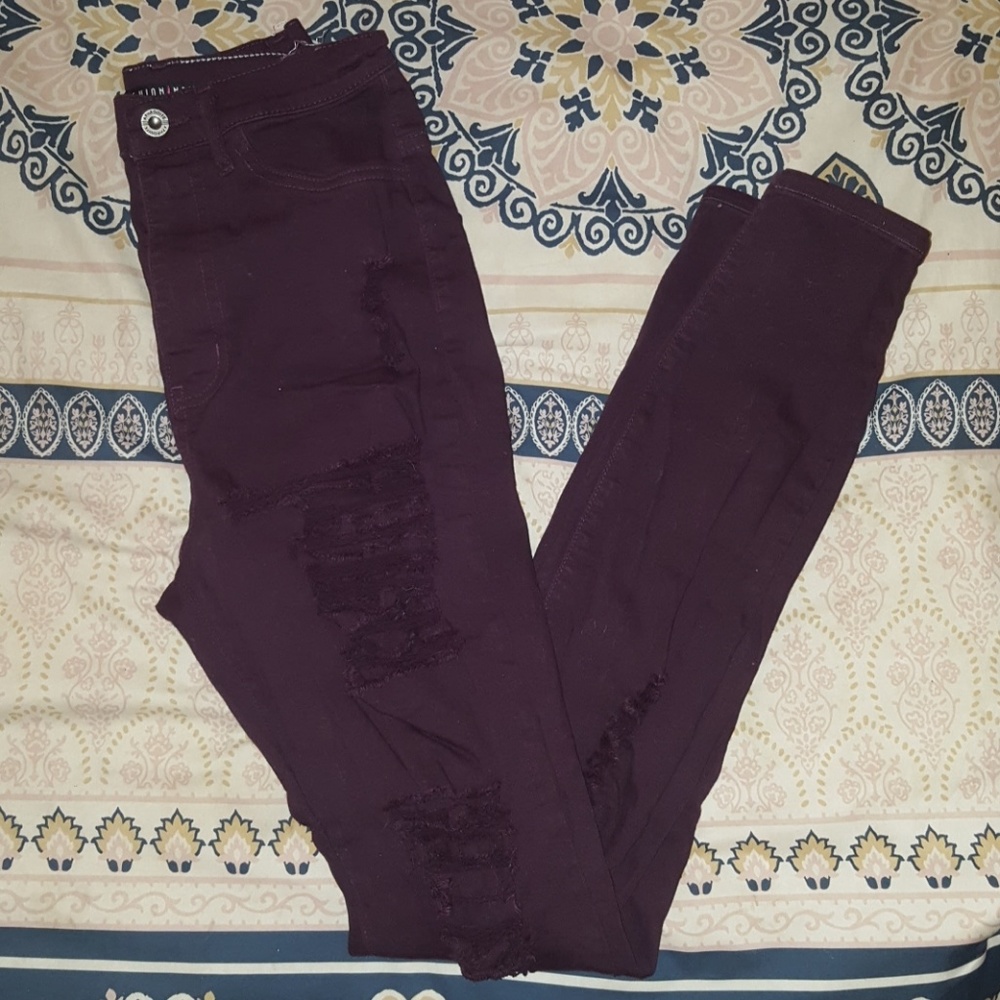 Burgundy High-waisted Distressed/Ripped Jeans